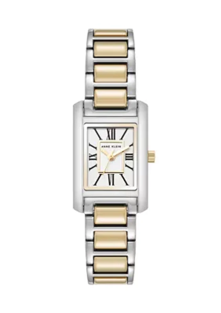 Quartz Classic Rectangular Roman Numeral Two-Tone Alloy Metal Watch