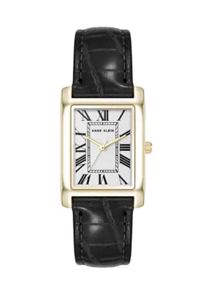 Quartz Rectangular Roman Numeral Black Faux Leather and Gold Tone Alloy Metal Watch