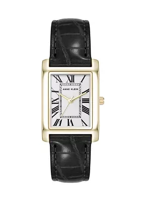 Quartz Rectangular Roman Numeral Black Faux Leather and Gold Tone Alloy Metal Watch