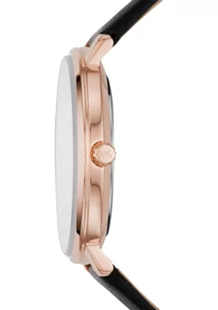 Rose Gold Tone Pyper 3 Hand Black Leather Watch