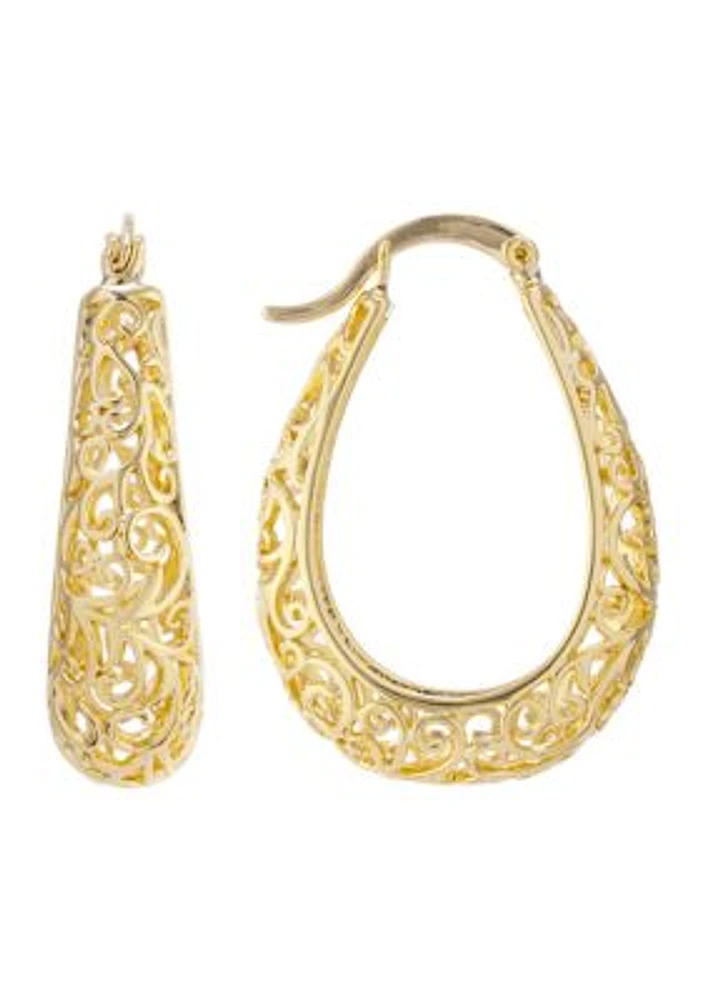 Gold Over Silver Plated 1.2" Filigree Hoop Earrings