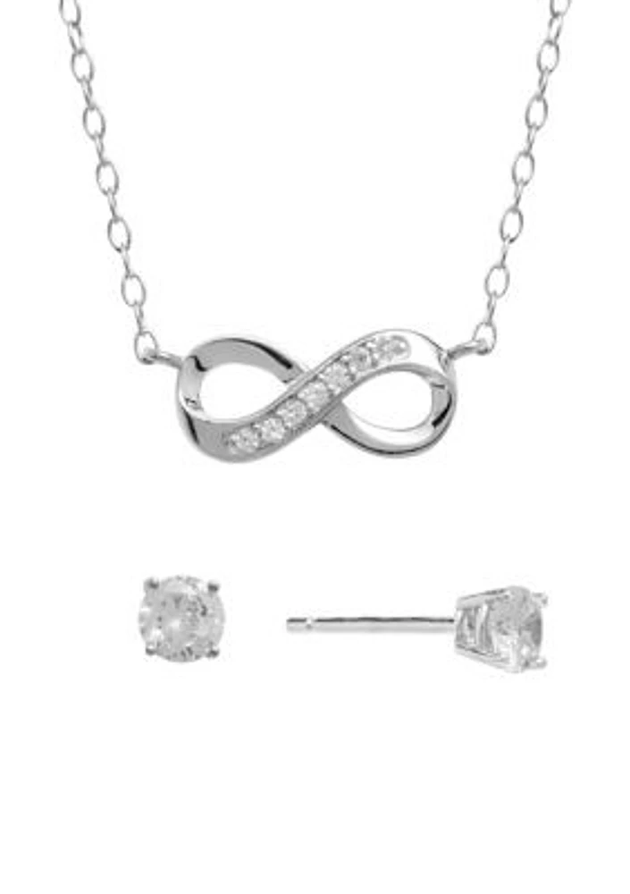 Boxed Sterling Silver 16" Cubic Zirconia Infinity Necklace and 4 Millimeter Stud Earrings Set