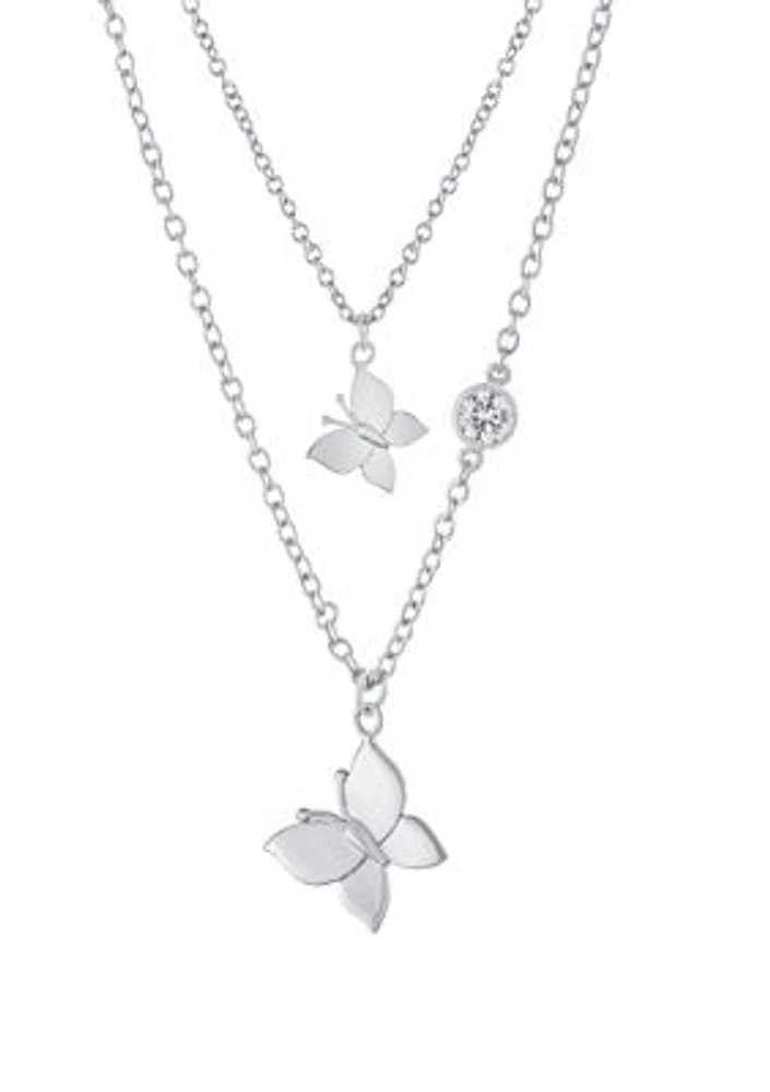 Boxed Silver Plated 14" + 2" Butterfly and 16" + 2" Cubic Zirconia Butterfly Mom & Me Necklace Set