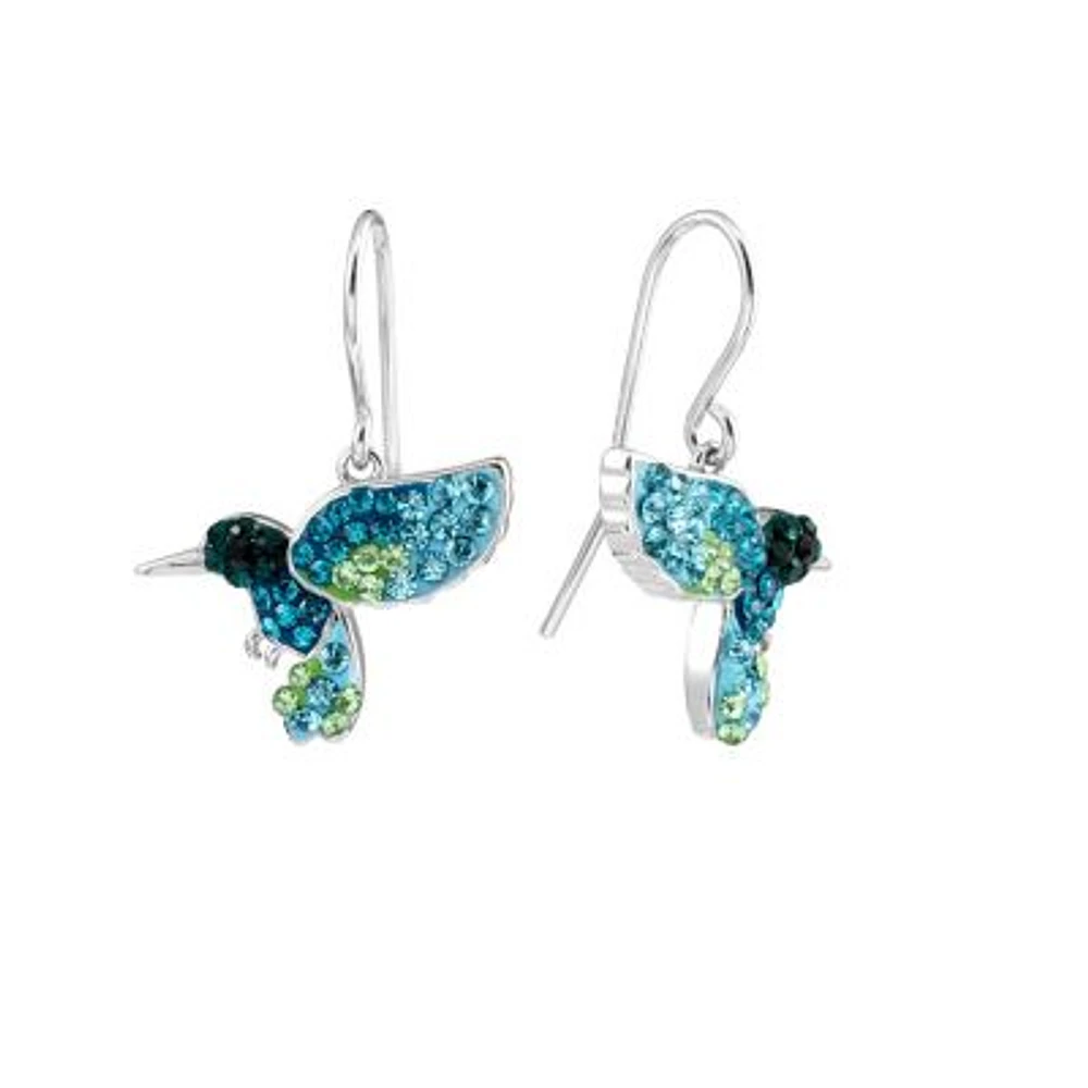 Sterling Silver Crystal Pave Hummingbird Drop Earrings