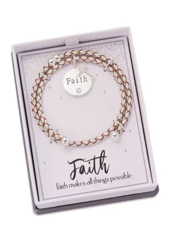 Boxed Leather Faith Cubic Zirconia Cross Pendant Bracelet