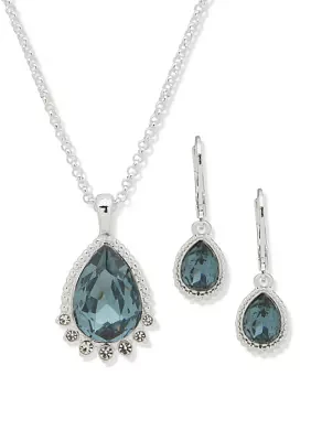 Silver Tone Pink Stone Teardrop Necklace and Earring Set