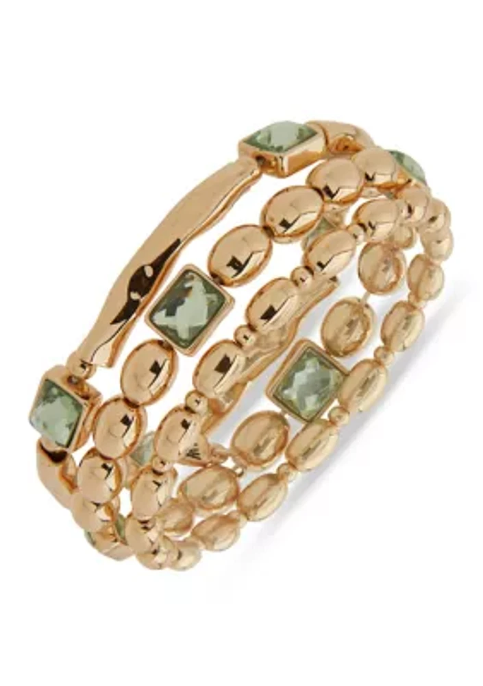 Gold Tone Green Organic Stretch Bracelet Set