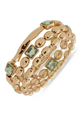 Gold Tone Green Organic Stretch Bracelet Set