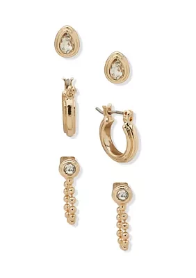 Gold Tone Crystal Trio Earrings Set