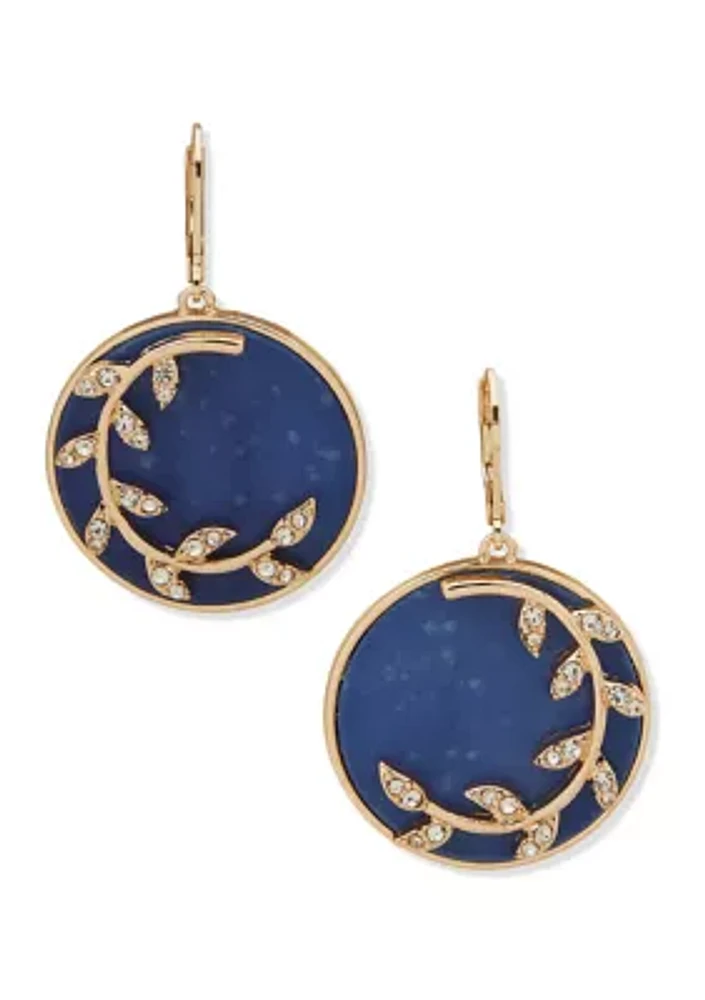 Gold Tone Blue Branch Disc Drop Earrings