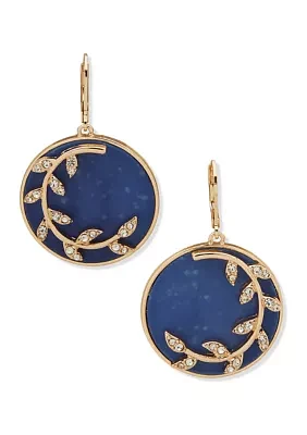 Gold Tone Blue Branch Disc Drop Earrings