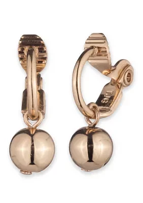 12 Millimeter Gold Tone Bead Drop Hoop Clip Earrings