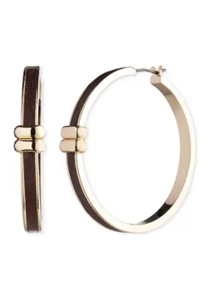 Gold Tone Brown 40 Millimeter Leather Hoop Earrings
