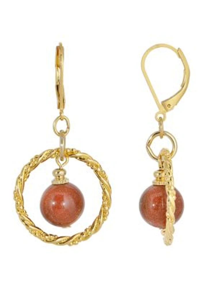 Gold Tone Sandstone Round Stone Hoop Earrings