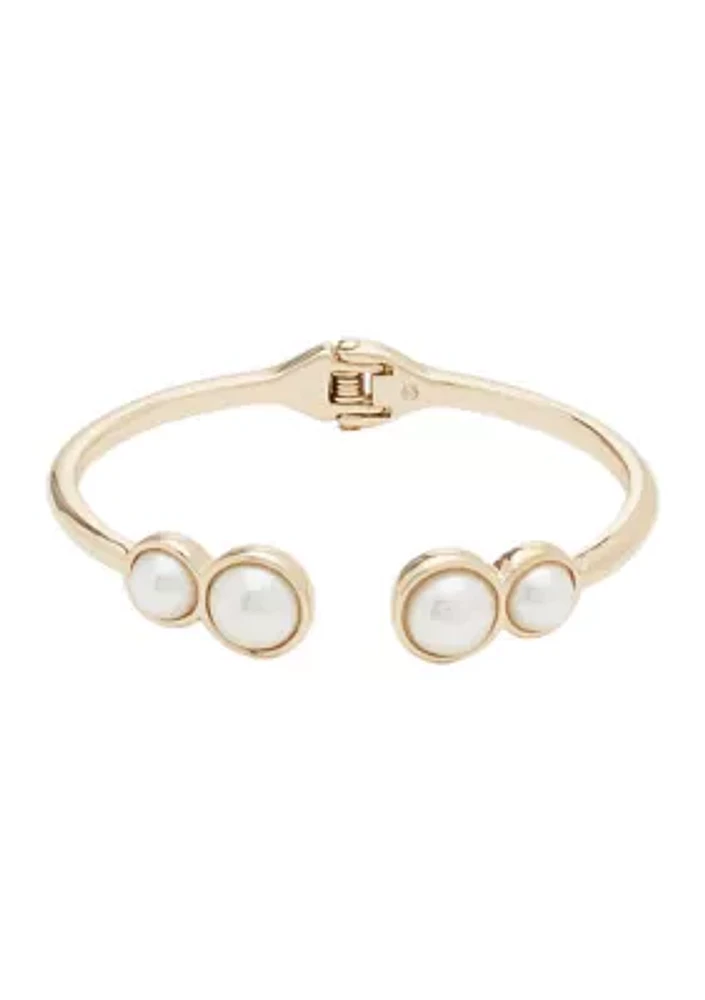 Gold Tone Pearl Hinge Bangle Bracelet