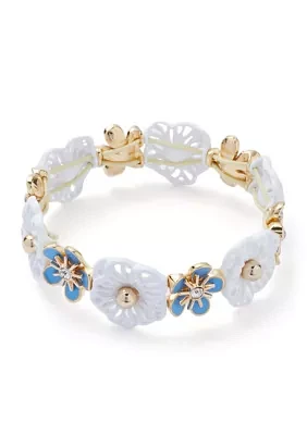 Gold Tone Blue Enamel Flower Stretch Bracelet