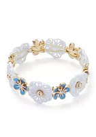 Gold Tone Blue Enamel Flower Stretch Bracelet