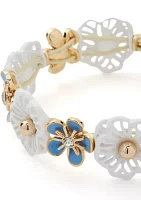 Gold Tone Blue Enamel Flower Stretch Bracelet