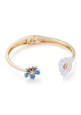 Gold tone Blue Flower Hinge Bangle Bracelet