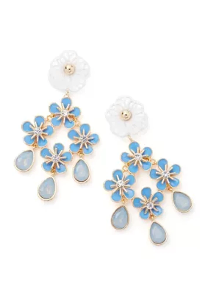 Gold Tone Blue Flower Chandelier Earrings
