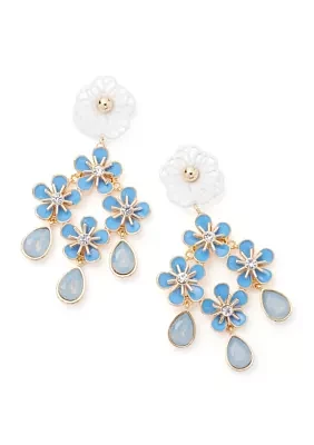 Gold Tone Blue Flower Chandelier Earrings