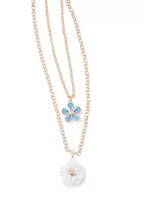 Gold Tone Blue Flower Multi Row Necklace