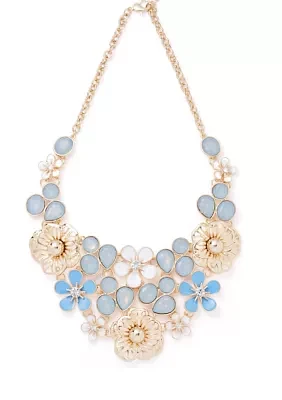 Gold Tone Blue Flower Drama Frontal Necklace