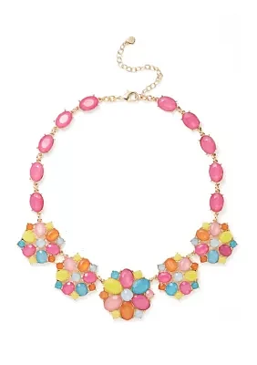Gold Tone Multi Milky Cluster Statement Necklace