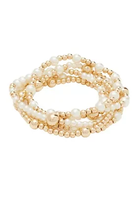 Gold Tone Set of 5 Pearl Stretch Bracelets 