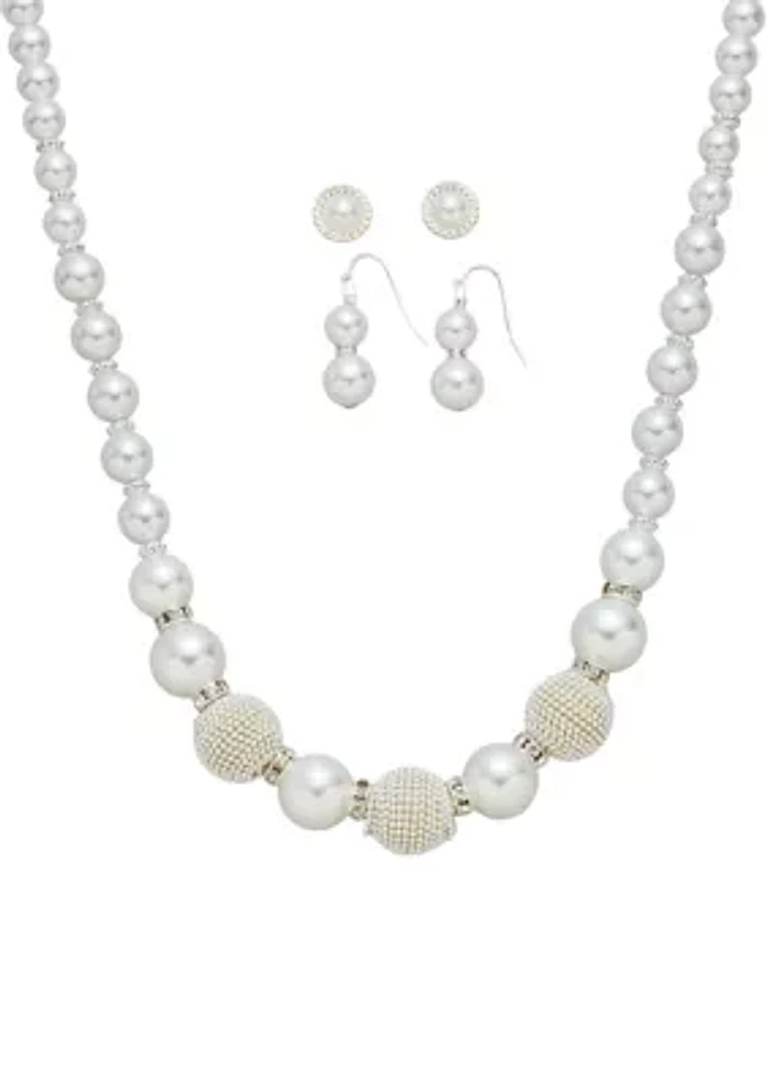 Silver Tone White Pearl 2 Earrings Textured Beaded Necklace Set