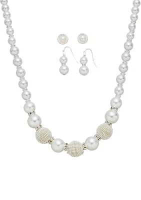 Silver Tone White Pearl 2 Earrings Textured Beaded Necklace Set 