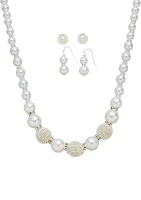Silver Tone White Pearl 2 Earrings Textured Beaded Necklace Set 
