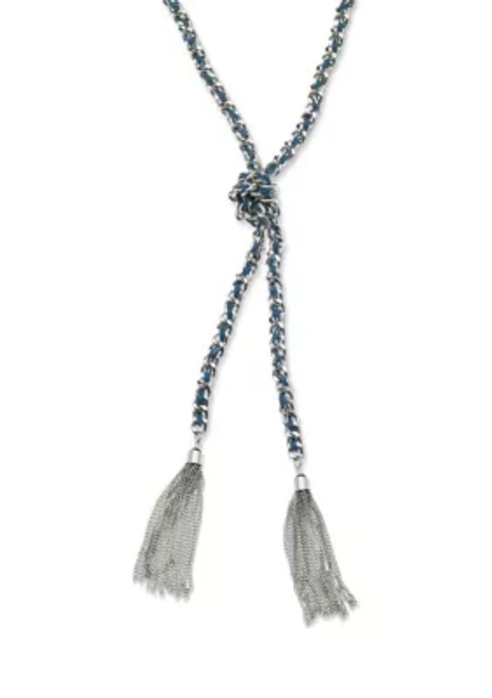 Silver Tone and Faux Suede Woven Y Necklace