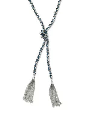 Silver Tone and Faux Suede Woven Y Necklace