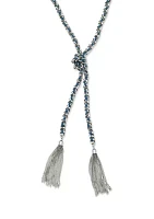 Silver Tone and Faux Suede Woven Y Necklace