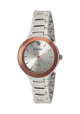 Silver Tone Rose Bezel Genuine Diamond Dial Bracelet Watch 