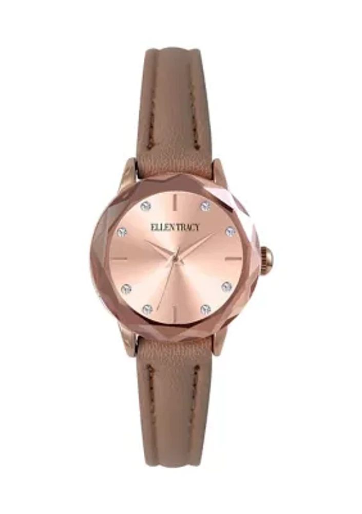 Rose Gold Tone Faceted Bezel Brown Strap Watch