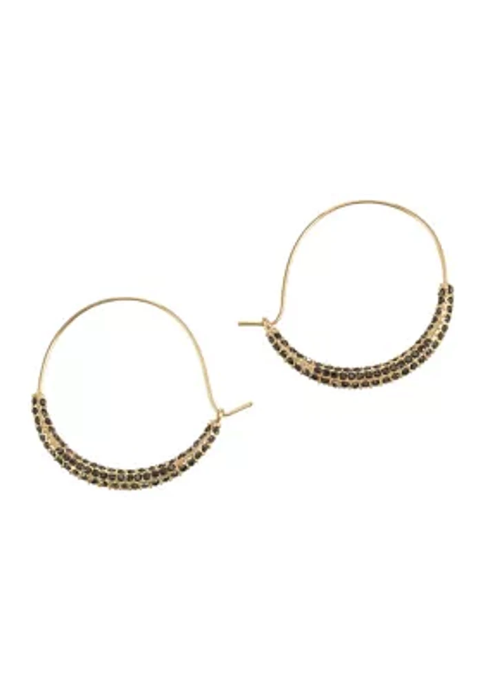 Gold Tone Wire Hoop Earrings with Crystal Stone Encrusted Bottom Detail