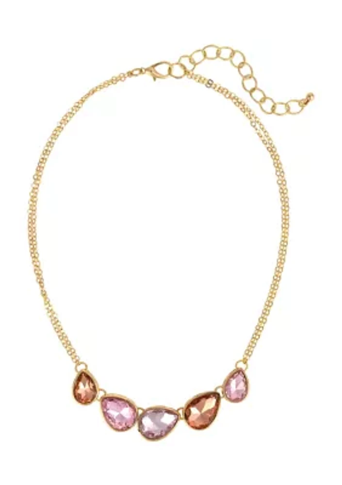 Gold Tone Single Row, 5 Pink Multi Stone Frontal Necklace