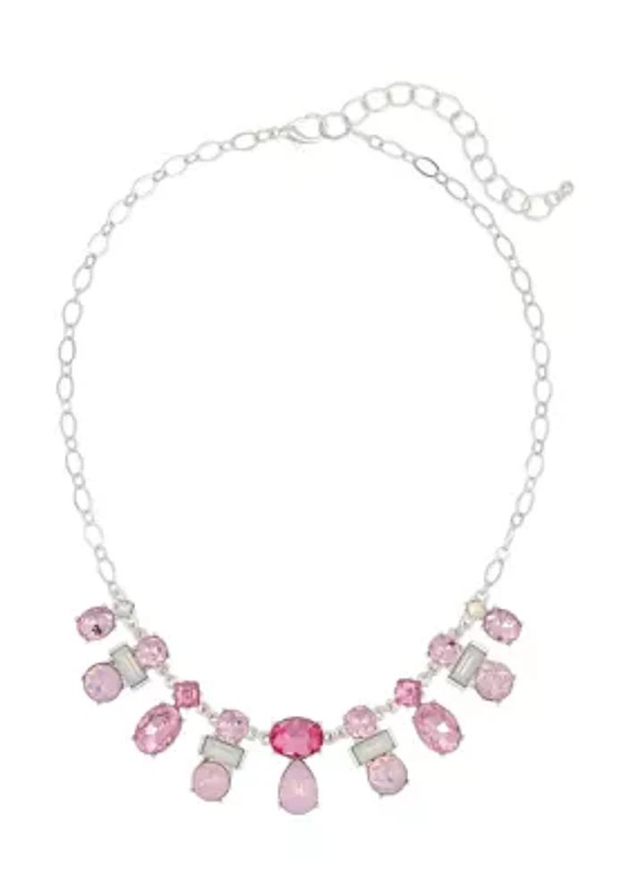 Silver-Tone Multi Pink Stone Frontal Necklace