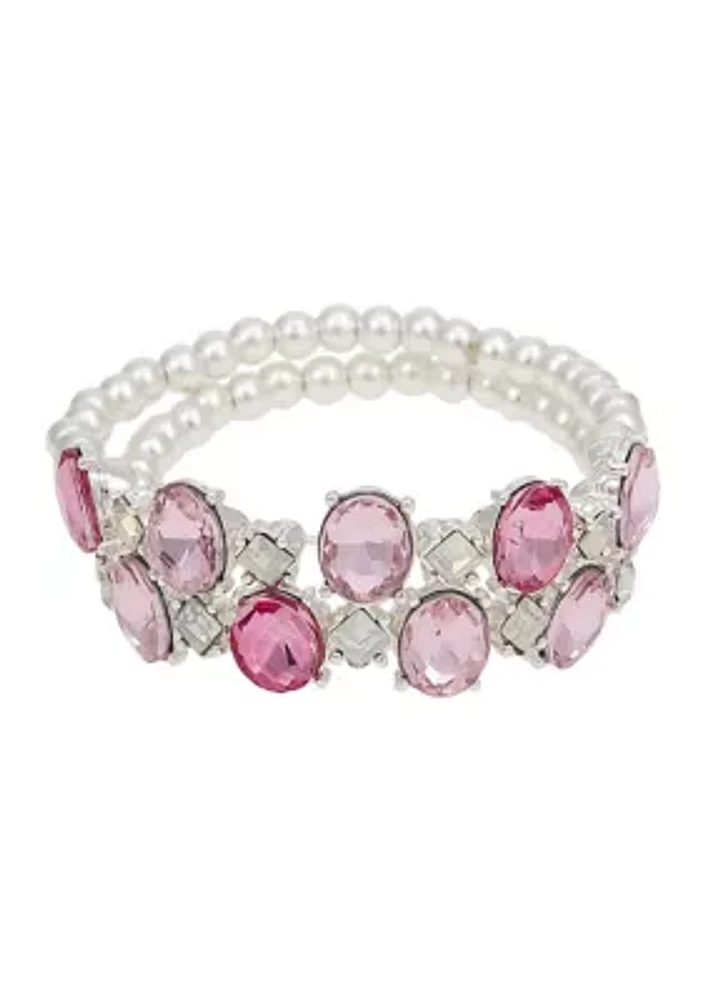 Silver-Tone 2 Row Silver Bead Pink Stone Stretch Bracelet