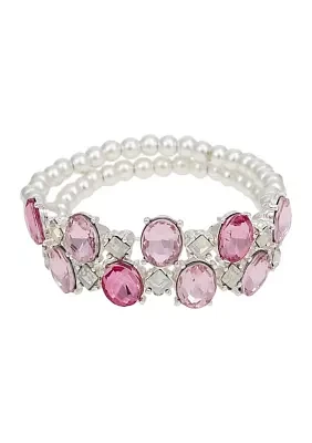 Silver-Tone 2 Row Silver Bead Pink Stone Stretch Bracelet