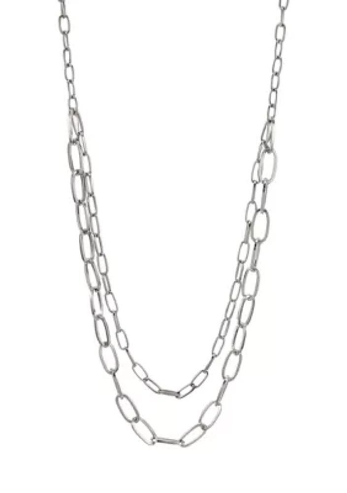 Silver Tone Double Row Long Open Link Chain Necklace