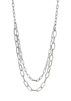 Silver Tone Double Row Long Open  Link Chain Necklace