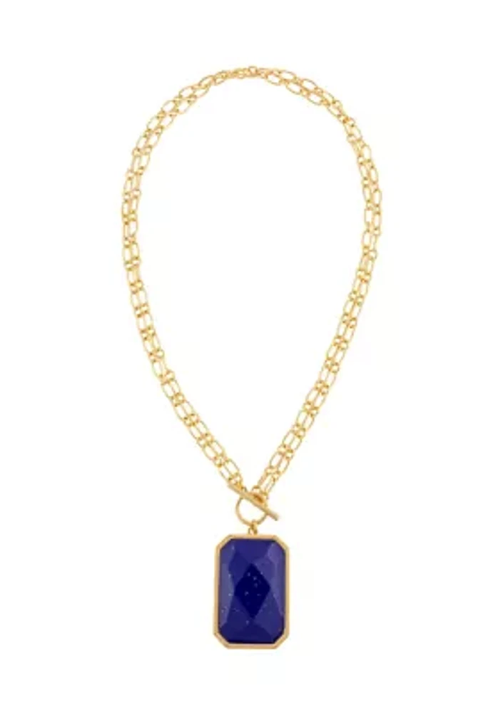 Gold Tone 18'' Double Chain Short Necklace with Faceted Rectangle Blue Stone Pendant and Front Toggle Closure