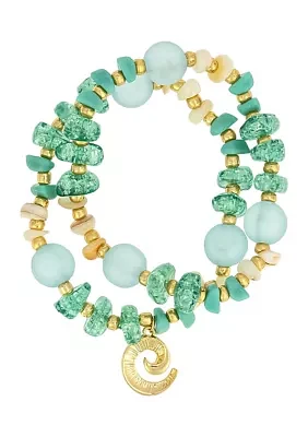 Gold-Tone 2-Row Multi Bead and Shell Stretch Bracelet Set