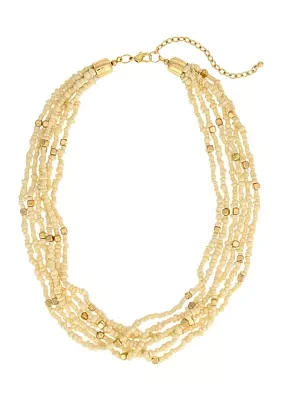 Gold-Tone Multi Row Short Ivory Seed Bead Necklace 