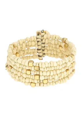 Gold Tone Natural Multi Row Seed Bead Cuff Bracelet