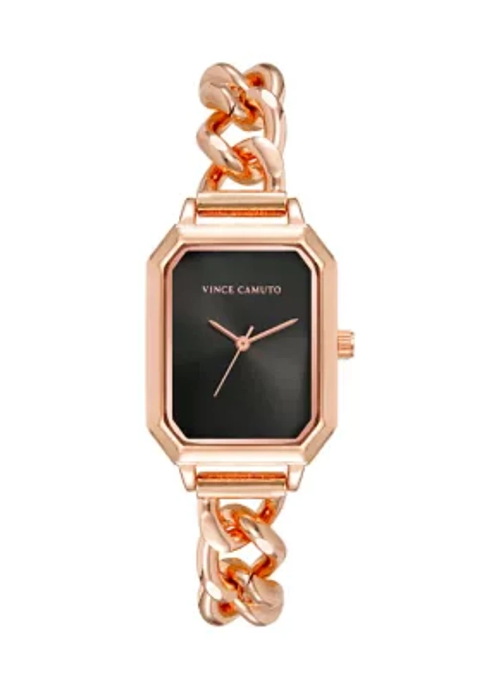 Rose Gold Tone Metal Chain Bracelet with Black Dial