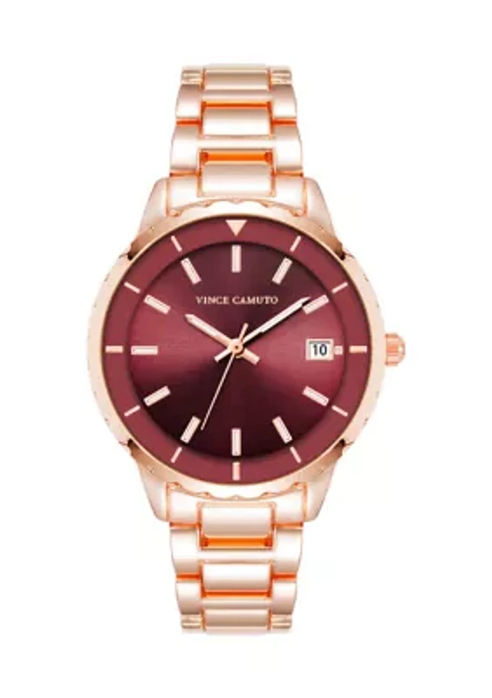 Quartz Burgundy and Rose Gold-Tone Metal Alloy Watch